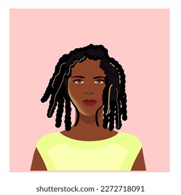 Portrait of a cute girl with gorgeous hair with faded locks. Female portrait. Black beauty concept. Beauty and fashion. Vector illustration