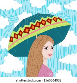 portrait of cute girl with long hair with umbrella for your design