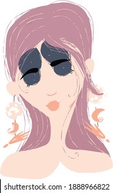 Portrait of a cute girl with pink hair and with closed eyes and earings with moon and comet. Space theme. Flat trend style. Vector illustration isolated on white