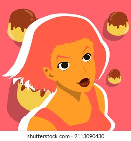 Portrait of a cute girl with plump lips and eyes looking up. Avatar for social networks. Bright vector illustration in a flat style.