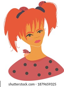 Portrait of a cute girl with red hair and ladybug on the neck and head. Hand drawn vector illustration isolated on white. Flat trend style
