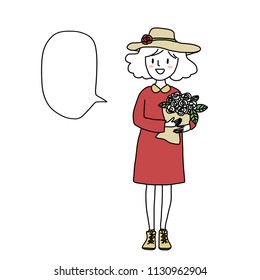 Portrait of cute girl smiling and holding bouquet of roses. Blank word balloon included. Greeting card, birthday card or thank you card for person who love flowers. Hand-drawn style vector.