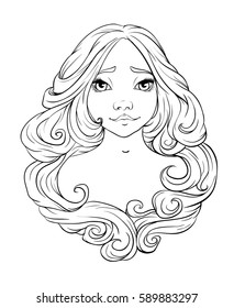 Portrait of cute girl with a snub nose.Hand drawn beautiful artwork. Isolated vector illustration. Print for textiles and printing