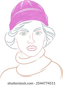 Portrait of a cute girl in a warm hat.Beautiful young woman in a sweater.Colored lines.Flat design.Minimal line art.