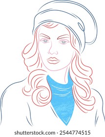 Portrait of a cute girl in a warm hat.Beautiful young woman in a sweater.Colored lines.Flat design.Minimal line art.
