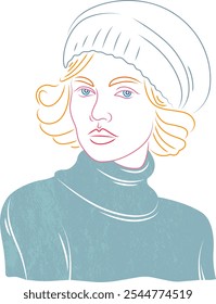 Portrait of a cute girl in a warm hat.Beautiful young woman in a sweater.Colored lines.Flat design.Minimal line art.