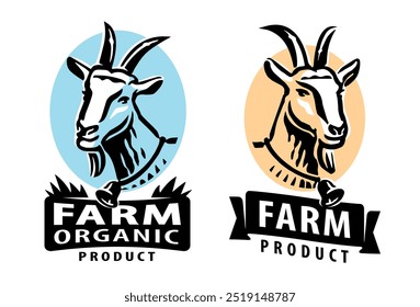 Portrait of cute goat, farm animal badge or label set. Emblems signs for packaging, vector illustration