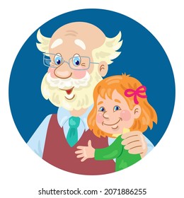 Portrait of cute grandfather and little granddaughter. Avatar icon in a circle. In cartoon style. Isolated on white background. Vector flat illustration.