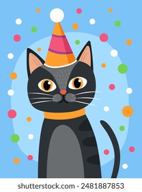 Portrait of a cute gray cat with orange eyes. Сat in a festive cap. Birthday card. Light blue background, multicolored confetti. Cute cartoon illustration.
