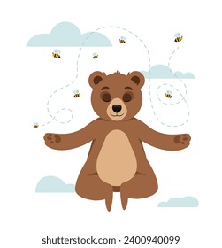 Portrait of cute grizzly bear. Adorable smiling teddy bear in lotus position flies among clouds. Poster with funny wild animal. Design element for children room. Cartoon flat vector illustration