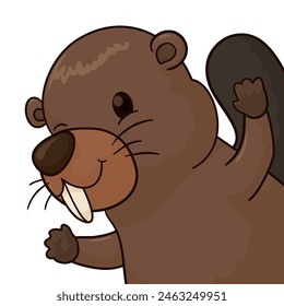 Portrait of a cute and happy beaver in cartoon style on white background.