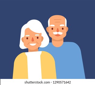 Portrait of cute happy elderly couple. Smiling old man and woman, grandparents. Grandfather and grandmother standing together. Granddad and grandma. Colorful vector illustration in flat cartoon style.