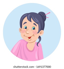 Portrait of a cute happy girl. Avatar icon in the circle. Isolated on white background. Flat style. Vector illustration.