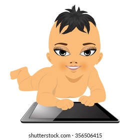 portrait of cute happy little baby boy playing with digital tablet isolated over white background