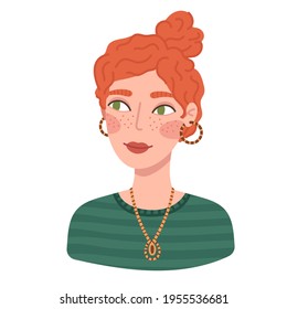 Portrait of cute happy young woman. Avatar of smiling redhead curly girl with earrings. Flat cartoon vector illustration.