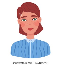 Portrait Of Cute Happy Young Woman. Avatar Of Smiling Redhead Girl With Short Hair. Flat Cartoon Vector Illustration.