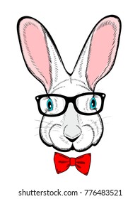 Portrait of cute hipster bunny with bow tie. Vector illustration.