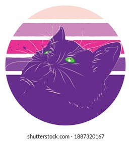 Portrait of cute kitten looking up retro style illustration.