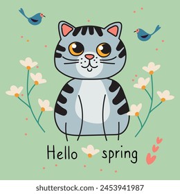 Portrait of a cute kitten in spring. Text "Hello Spring." There are birds flying above the cat. Snowdrops are blossoming. Seasons. Print, textile, greeting card, wall decor. 
