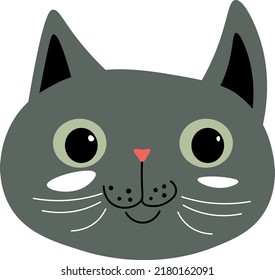 Portrait of cute kitty with long whiskers, isolated muzzle of feline animal. Grey cat with funny facial expression, cheerful or curious kitten. Nature and fauna, pussycat. Vector in flat style