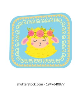 Portrait of a cute lamb in a decorative frame.
Cute vector illustration in hand drawn style. Suitable for postcards, invitations, posters, prints, scrapbooking.