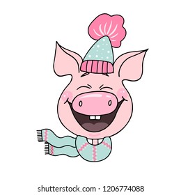 Portrait of a cute laughing pig dressed in a hat with a pink pompon and scarf. Cheerful vector illustration for design of the New Year. Symbol of the year 2019.