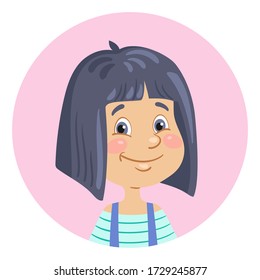 Portrait of a cute little asian girl. Avatar icon in the circle. In cartoon style. Isolated on white background. Vector illustration.