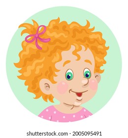 Portrait of a cute little baby girl with red hair. Avatar icon in cartoon style. In a green circle. Isolated on white background. Vector flat illustration