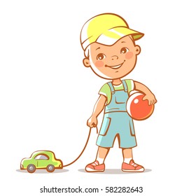 Portrait Of Cute Little Boy With Car And Ball. Happy Child Holding Toys. Little Brother Standing. Kid Wearing Baseball Cap, Jeans Shorts, T-shirt. Son Of 1-5 Years. Vector Illustration.