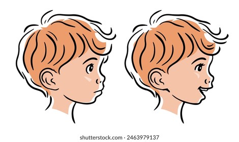 Portrait of a cute little boy. Sad and happy facial expression. Childhood and children. Cartoon vector illustration on white background. Art hand drawn