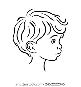 Portrait of a cute little boy. There is surprise and bewilderment on the face. Childhood and children. Cartoon black and white vector illustration on white background