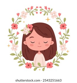 Portrait of a cute little girl in a frame of spring flowers.