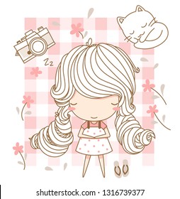 Portrait of cute little girl lying on a pink mat surrounded by small flowers and little cat. Isolated with white background. Vector illustration, character design