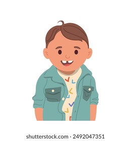 Portrait of cute little preschool boy cartoon character toothy smiling feeling good and satisfied