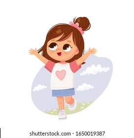 Portrait of a cute little running girl. Happy child. Play in the fresh air. Play outside.