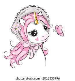 Portrait of cute little smiling unicorn in a beautiful hat on his head . Children background. Magic pony.  Hand drawn illustration for your design.
