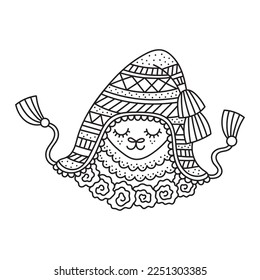 Portrait of cute llama. Traditional peru hat with ornament. Happy smiling alpaca. Funny farm animal. Coloring page for kids. Cartoon vector illustration. Black lines. Outlined drawing. Isolated 