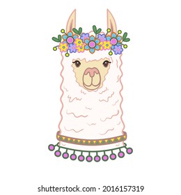 Portrait of a cute llama with a wreath of flowers on his head. Vector linear illustration for t-shirt and stickers