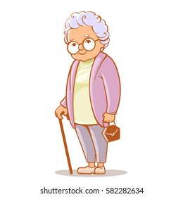 Portrait of cute old woman with bag and  walking stick. Grandmother wearing glasses, with short grey hair. Senior lady on walk. Grandma. Vector illustration.