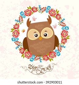 portrait of a cute owl in a flower frame. hello spring. beautiful lettering. vector illustration.