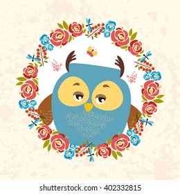 portrait of a cute owl in a flower frame. vector illustration.