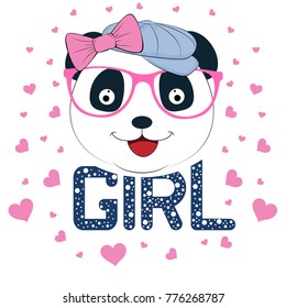Portrait Cute panda in cap. Picture for t-shirt graphics for kids and other uses. Greeting card..