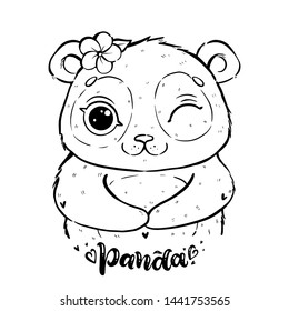 Portrait of a cute panda with an open eye and with a flower near the ear. The hand lettering word Panda. Coloring page for children and adults
