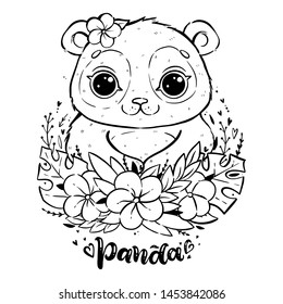 Portrait of a cute panda with tropical leaves and flowers. Panda with open eyes and with a flower near the ear. The hand lettering word Panda. Coloring page