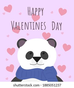 Portrait of a cute panda. Valentine's Day card. Cute Panda wishes you Happy Valentine's Day. Red hearts on the background. Vector illustration