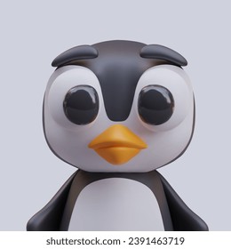 Portrait of cute penguin on gray background in realistic style. Toy bird in white and black colors. Little penguin character. Vector illustration in 3D style