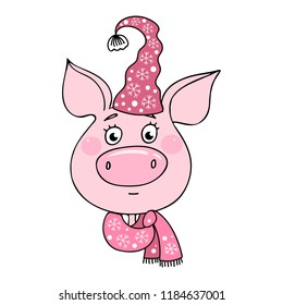 Portrait of a cute pig has a neutral expression. Piglet dressed in a hat and a scarf with snowflakes. Cheerful vector illustration for design of the New Year and Christmas. Symbol of the year 2019.