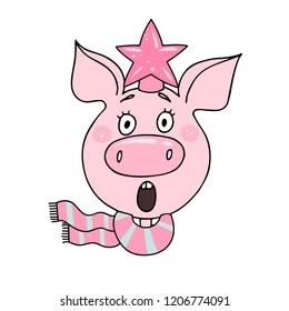 Portrait of a cute pig with surprised expression. Piglet dressed in a hat in the shape of a star and a striped scarf. Vector illustration for design of the New Year and Christmas.