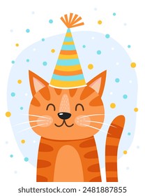 Portrait of a cute pleased cat in a festive cap. Orange tabby cat with closed eyes. Light blue and white background, multicolored confetti. Birthday card. Cute cartoon illustration.