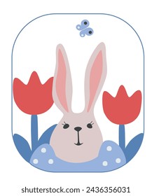 Portrait of a cute plump rabbit. Spring floral arrangement. Minimalistic, flat. Vector illustration of bunny with flowers